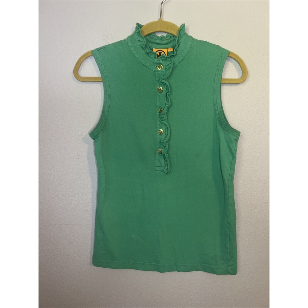 Tory Burch Sleeveless Top Ruffle Trim Gold Button Teal Green Blouse Medium